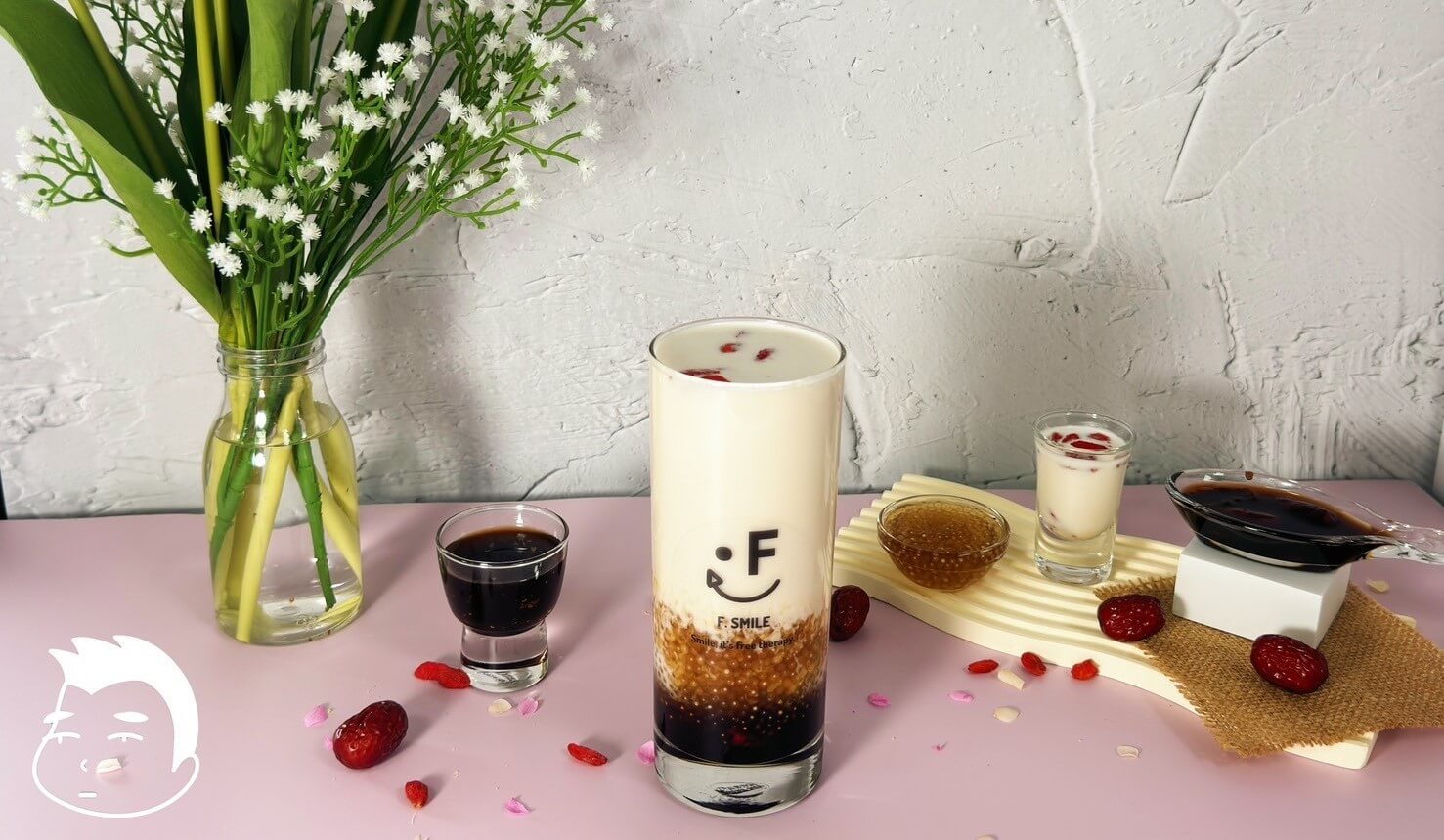 Mother's Day bubble tea with ginger syrup, red dates, milk, sago, and goji berries